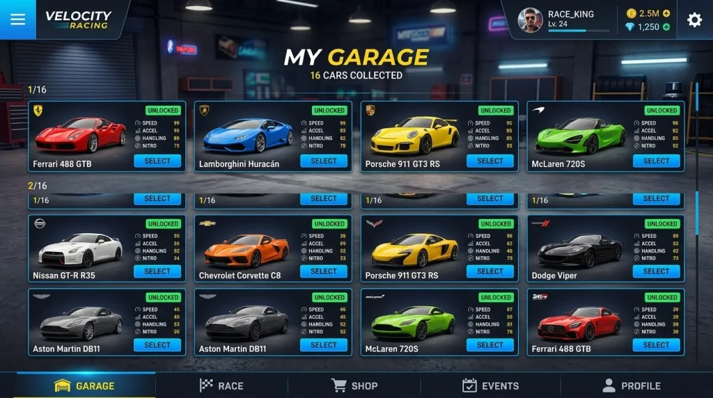 garagem com carros desbloqueados asphalt nitro